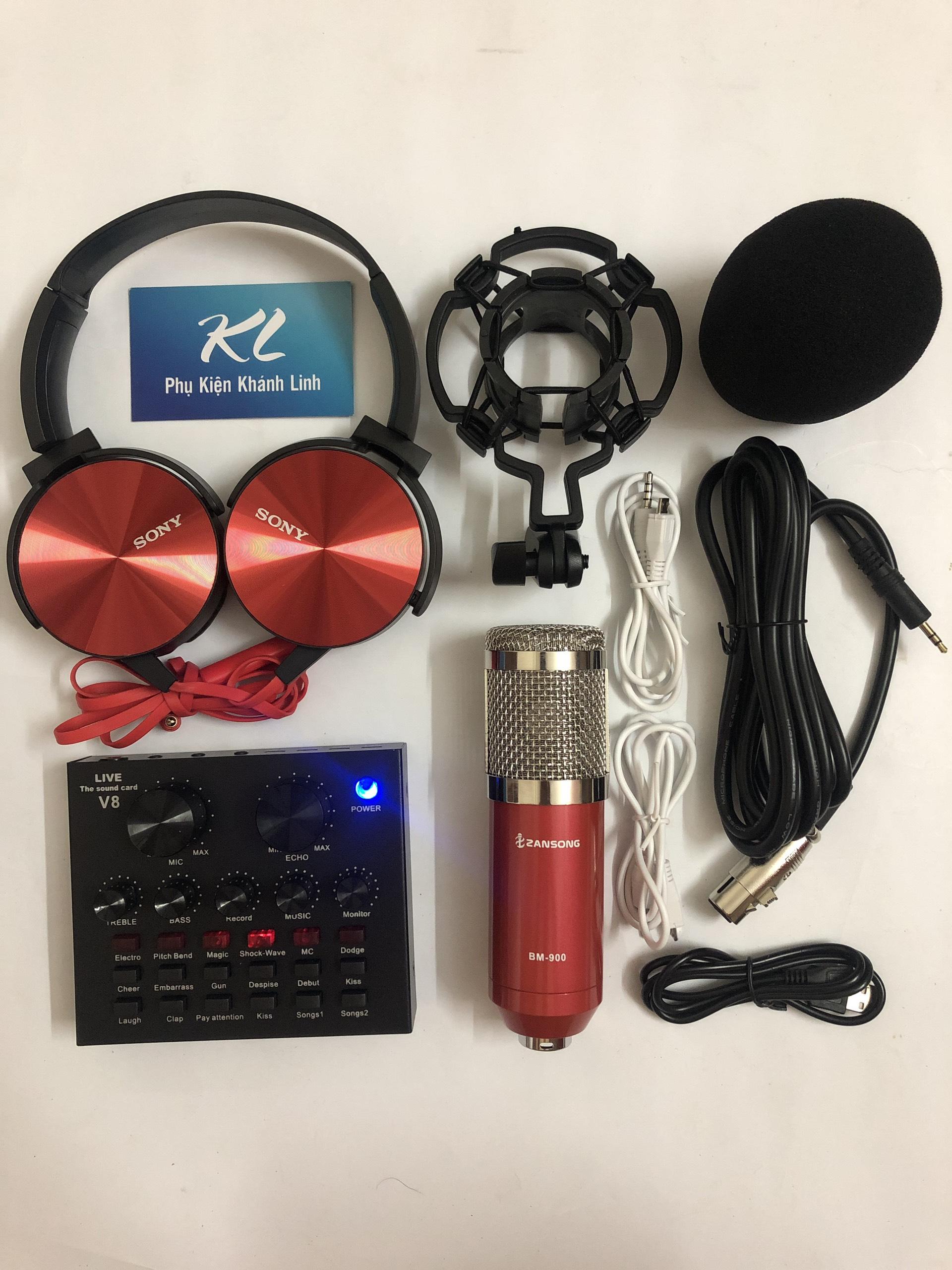 #FULL BỘ# Combo full bộ 4 món - Bộ mic thu âm, livestream (Sound card V8, mic BM900 Zansong đỏ) + Tặng tại nghe Sony + Tặng kẹp điện thoại thông minh + Bảo hành 6 tháng đổi mới tại Phụ kiện Khánh Linh