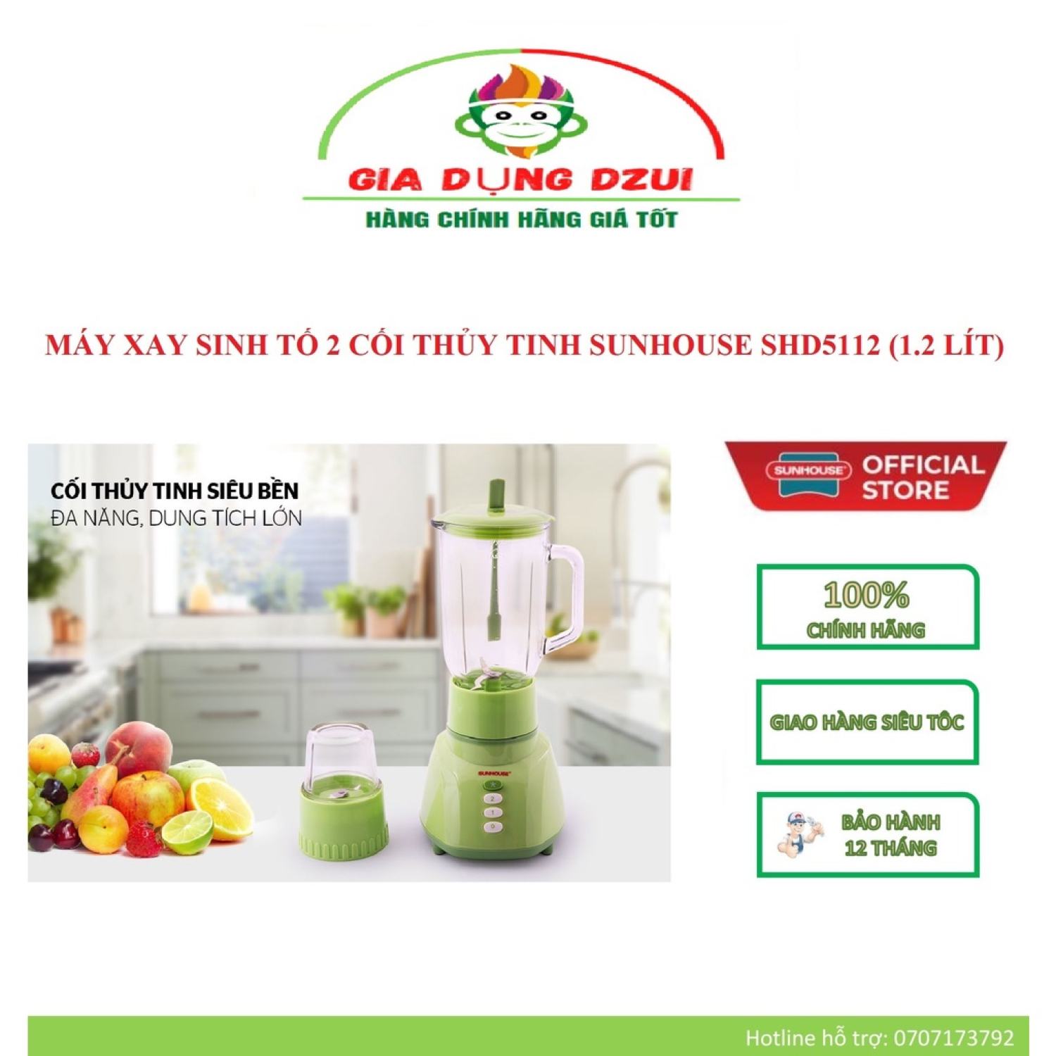 Shd5112 - máy xay sinh tố sunhouse 1l 2 cối thủy tinh – bảo hành chính hãng 12 tháng