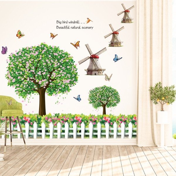 Decal dán tường: Combo vườn hoa cối xay gió