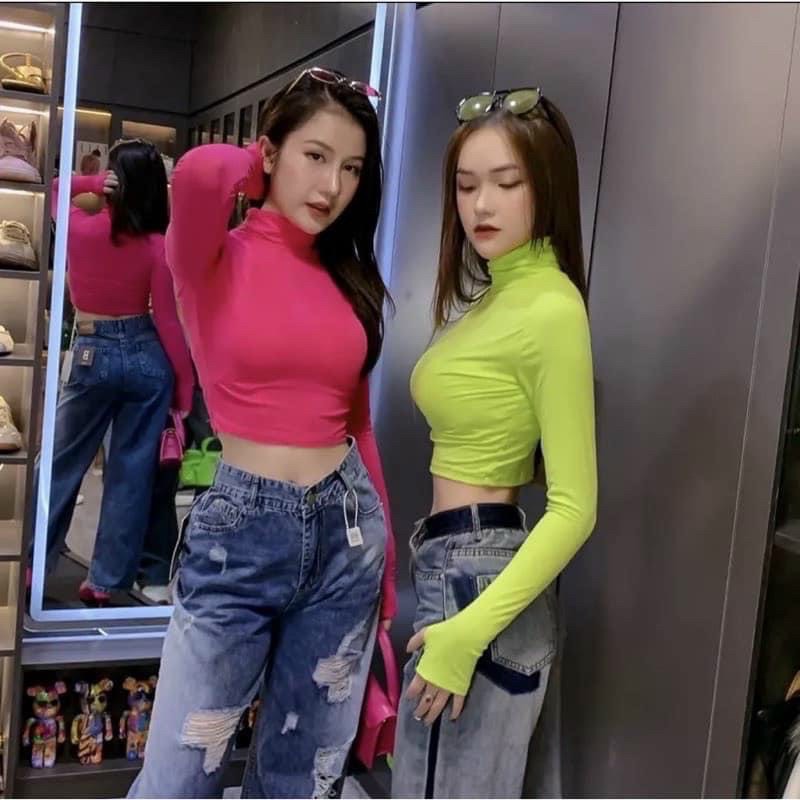 Áo croptop cổ lọ tay dài thun gân có xỏ ngón
