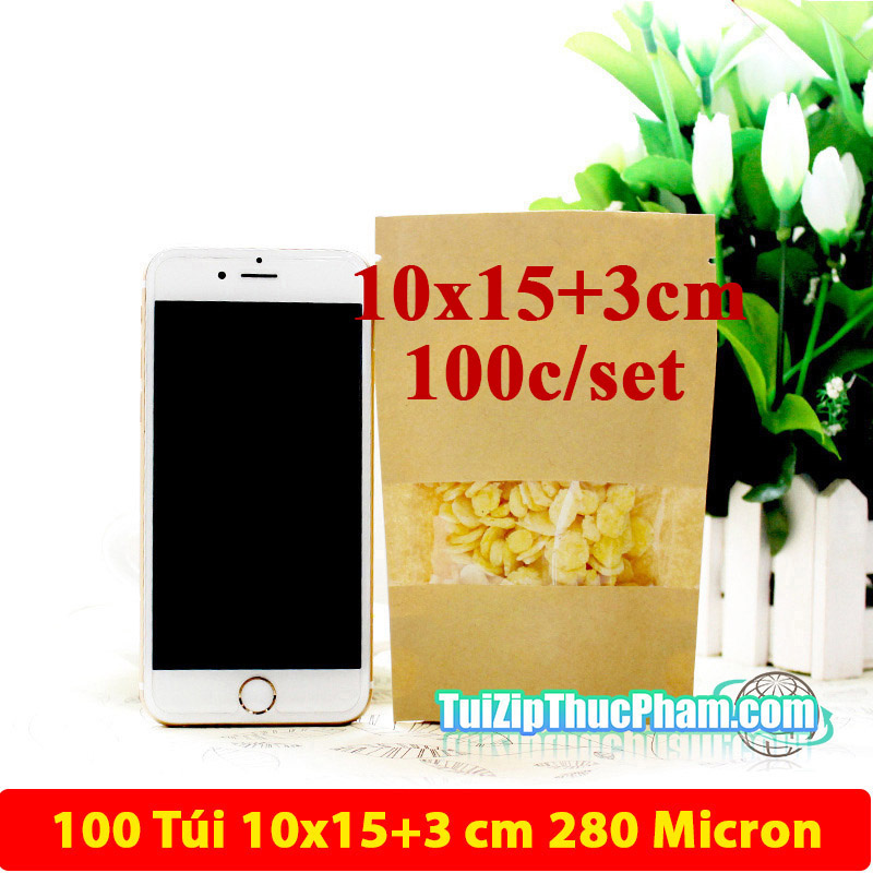 100 cái túi zip MIS size 10x15cm Túi giấy kraft vàng có cửa sổ, túi giấy đựng thực phẩm có zipper chất lượng cao