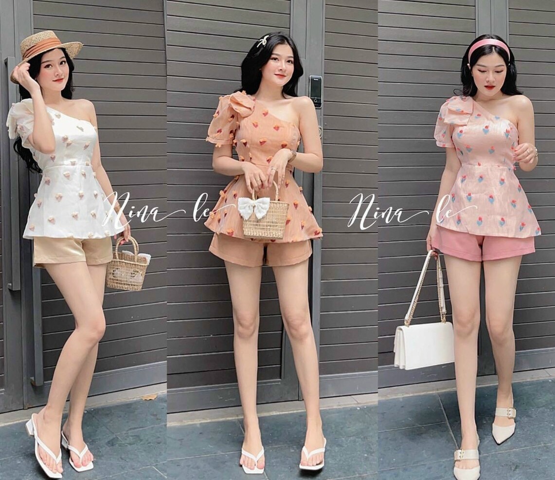 Áo kiểu kèm quần set bộ đùi nơ vai có mút ngực ba màu trắng hồng và be