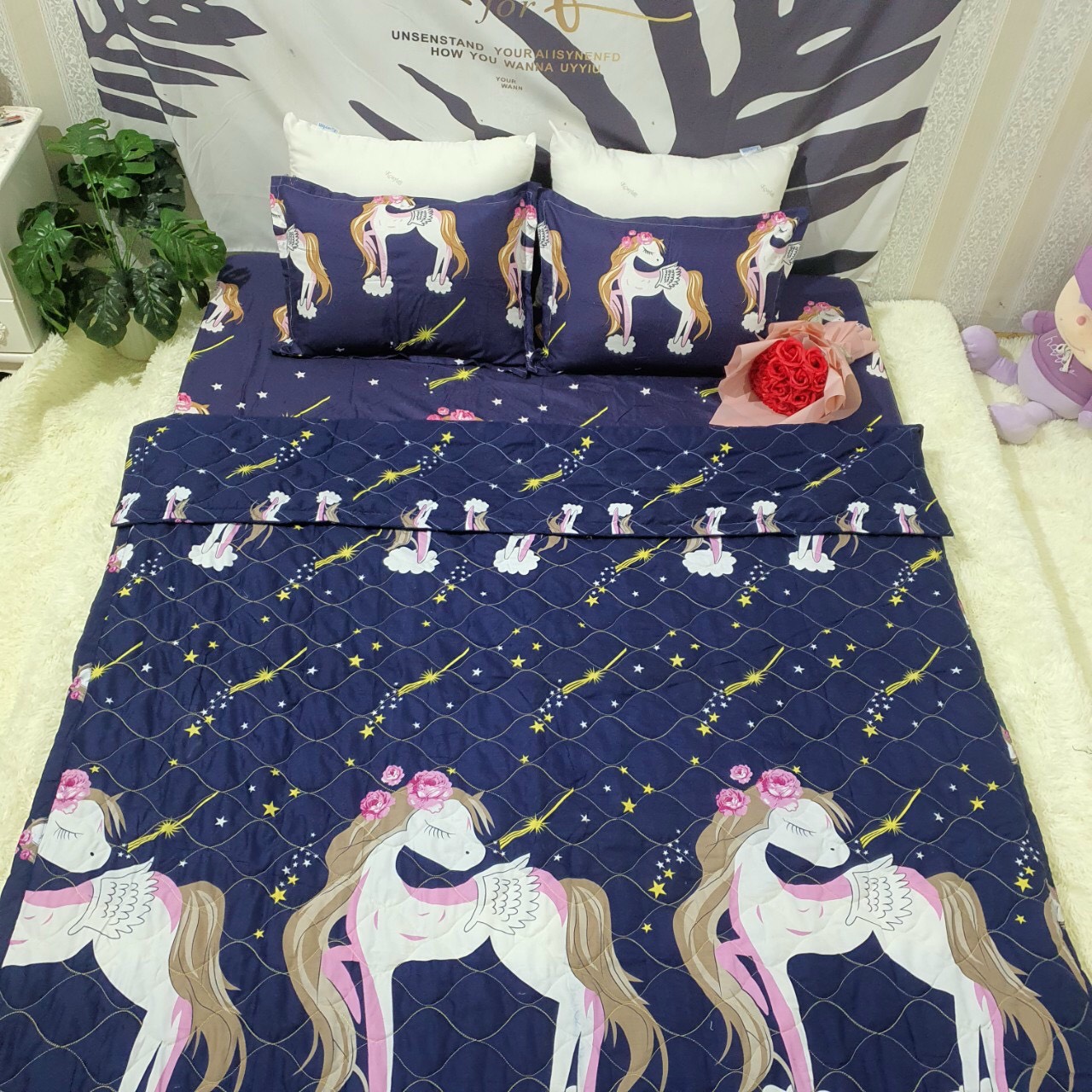 Bộ Chăn Ga Gối Cotton Poly Ngựa Pony , Chất Liệu Bền Đẹp, Không Phai, Không Xù, Mẫu Mã Kích Cỡ Đa Dạng