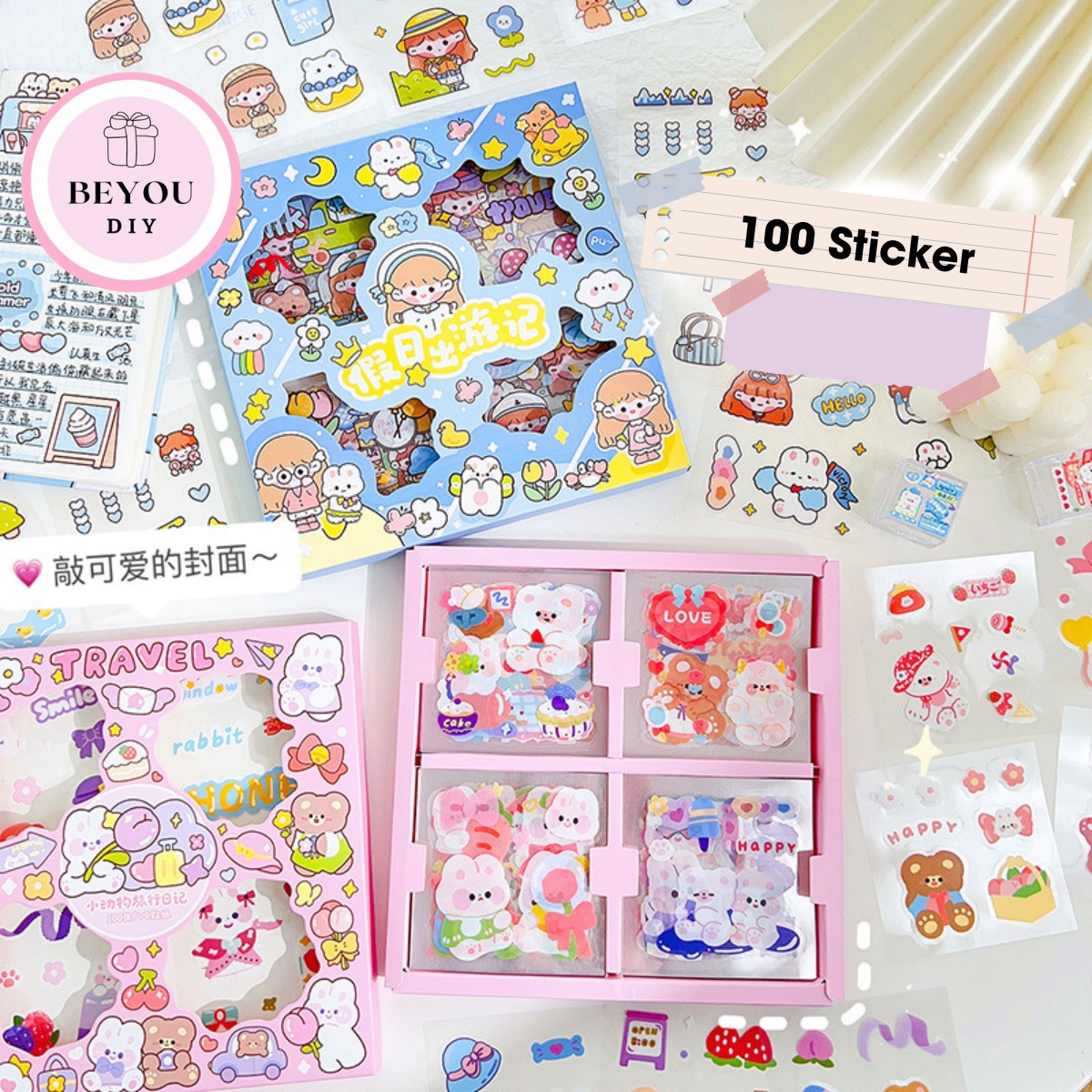 Hộp 100 Tấm Sticker Cute Cắt Sẵn Decor Sổ Vở, Miếng Dán Trang Trí Tập, Vở, Bình Nước Họa Tiết Dễ Thương - BEYOU