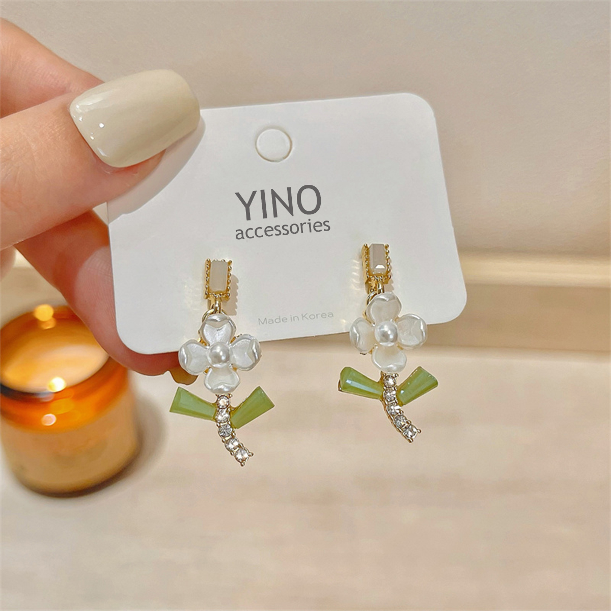 Bông tai hoa xà cừ pha lê xanh, khuyên bạc s925