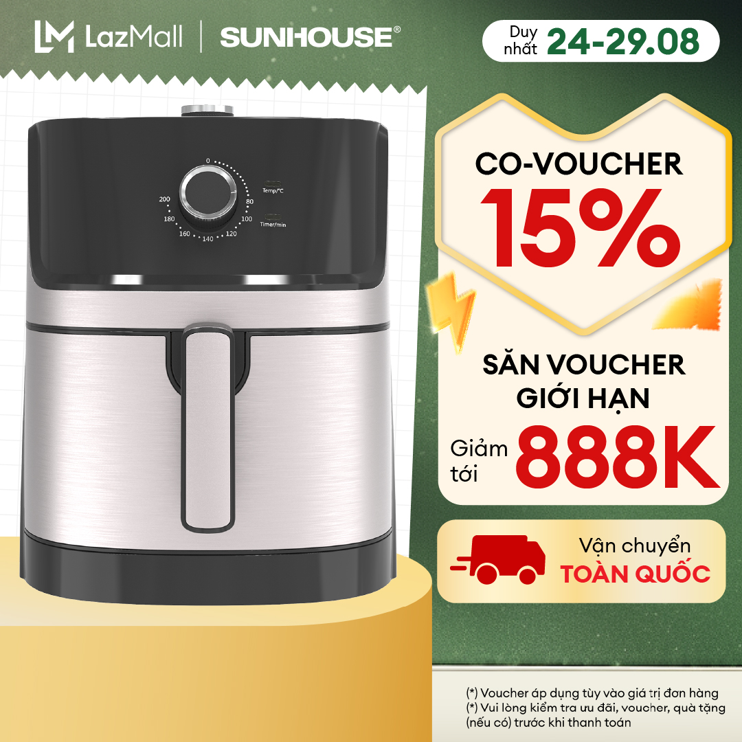 Nồi chiên không dầu 6L SUNHOUSE SHD4027M - Dung tích siêu lớn - Công suất 1700W - Nướng gà nguyên con - Bảo hành 12 tháng - Hàng Chính Hãng