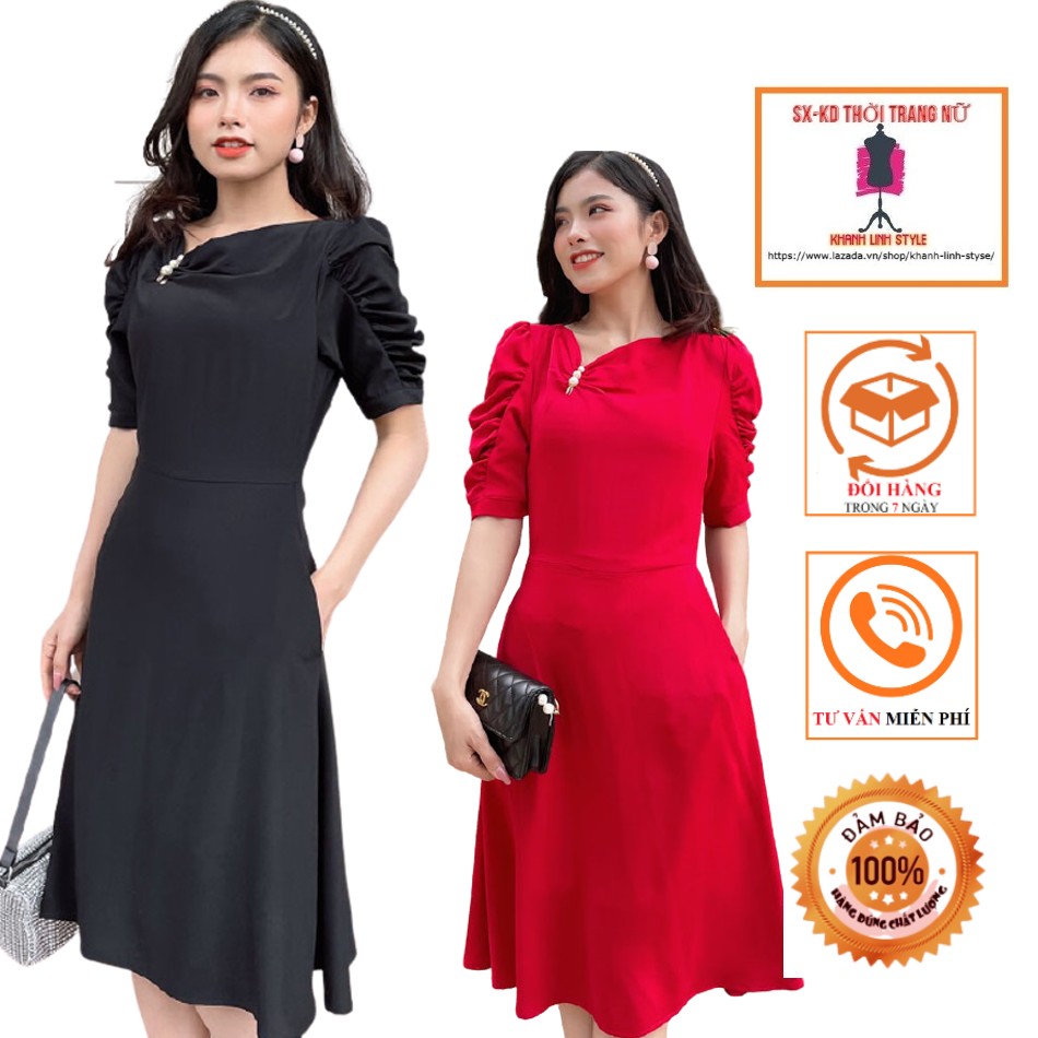 Đầm suôn cổ đỗ phối ngọc trai sang trọng-MS024