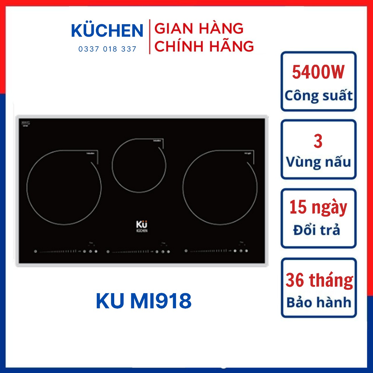 Bếp điện từ hồng ngoại Kuchen Đức MI918 3 vùng nấu dùng được cho mọi loại nồi, bảo hành chính hãng 36 tháng, miễn phí giao hàng và lắp đặt