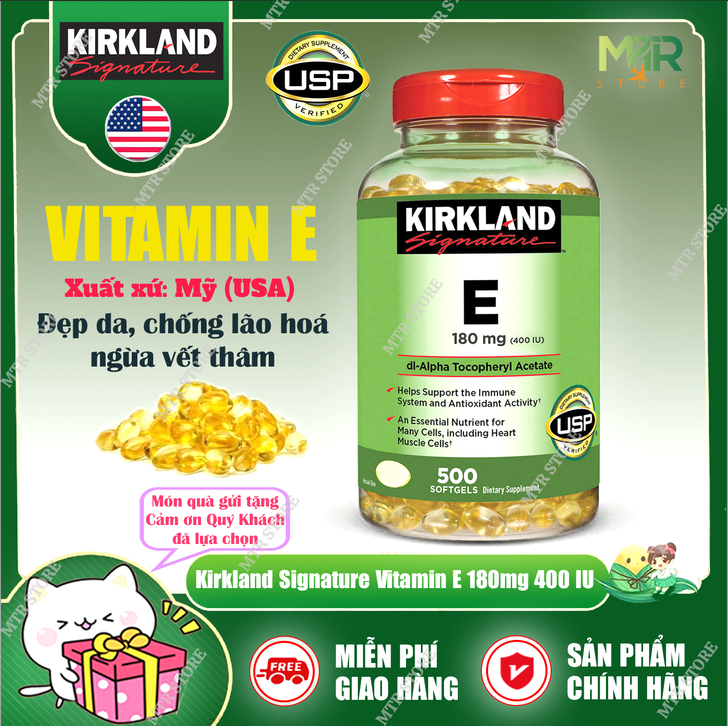 Viên Uống Bổ Sung Vitamin E Kirkland Signature Vitamin E 180mg 400 IU 500 Viên Của Mỹ - vitamin e dưỡng da, vitamin e mỹ, vitamin e kirkland