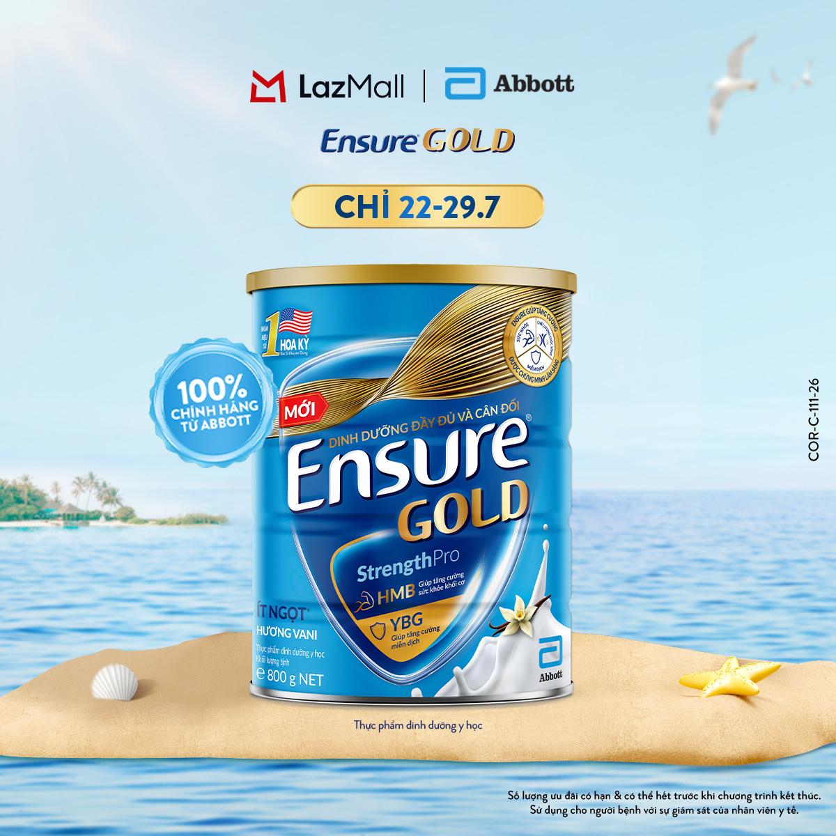 [CHỈ 22-29.7 GIÁ TỐT MUA NGAY SLCH] Lon sữa bột Ensure Gold hương vani ít ngọt 800g
