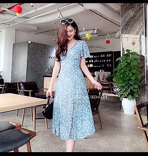 Váy đầm nữ dáng dài xẻ tả hoa tiết hoa nhí hót trend