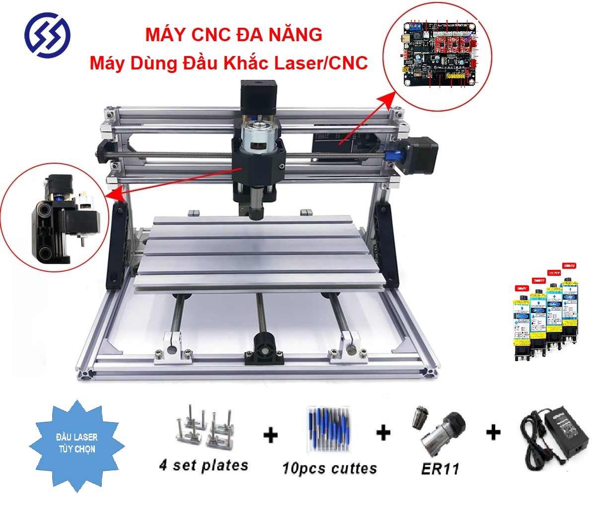 Máy CNC 2418 + 10 mũi phay PCB + 4 Set plates + ER11 mẫu mới 2021
