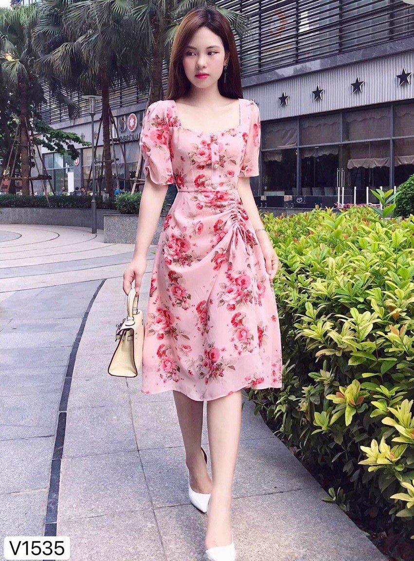 Váy đầm nữ in hoạ tiết hoa cổ vuông rút dây eo