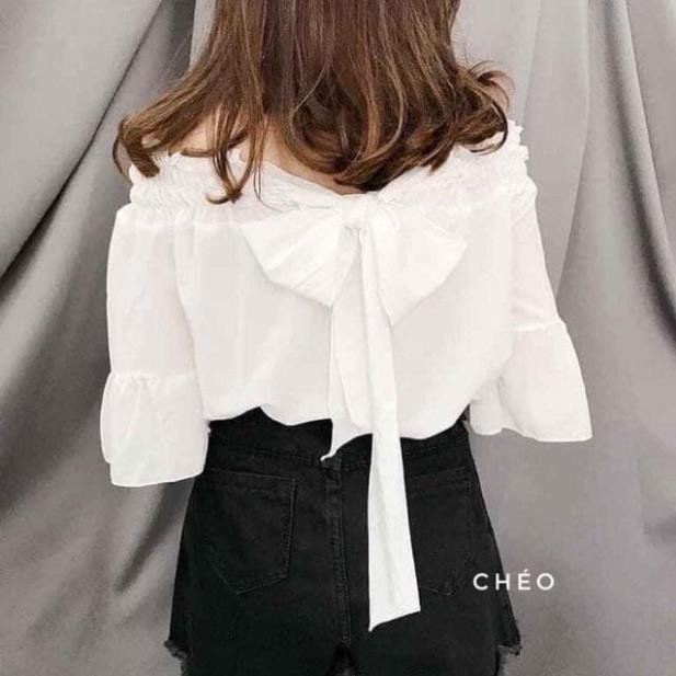áo trễ vai tay dài, áo bánh bèo trễ vai nơ sau lưng cá tính 2 màu năng động