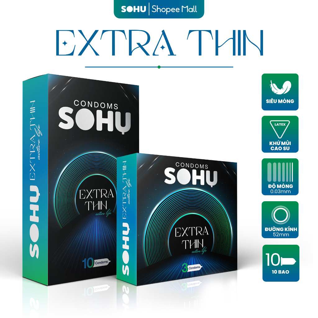 Bao cao su sohu extra thin siêu mỏng, nhiều gel bôi trơn size 52mm