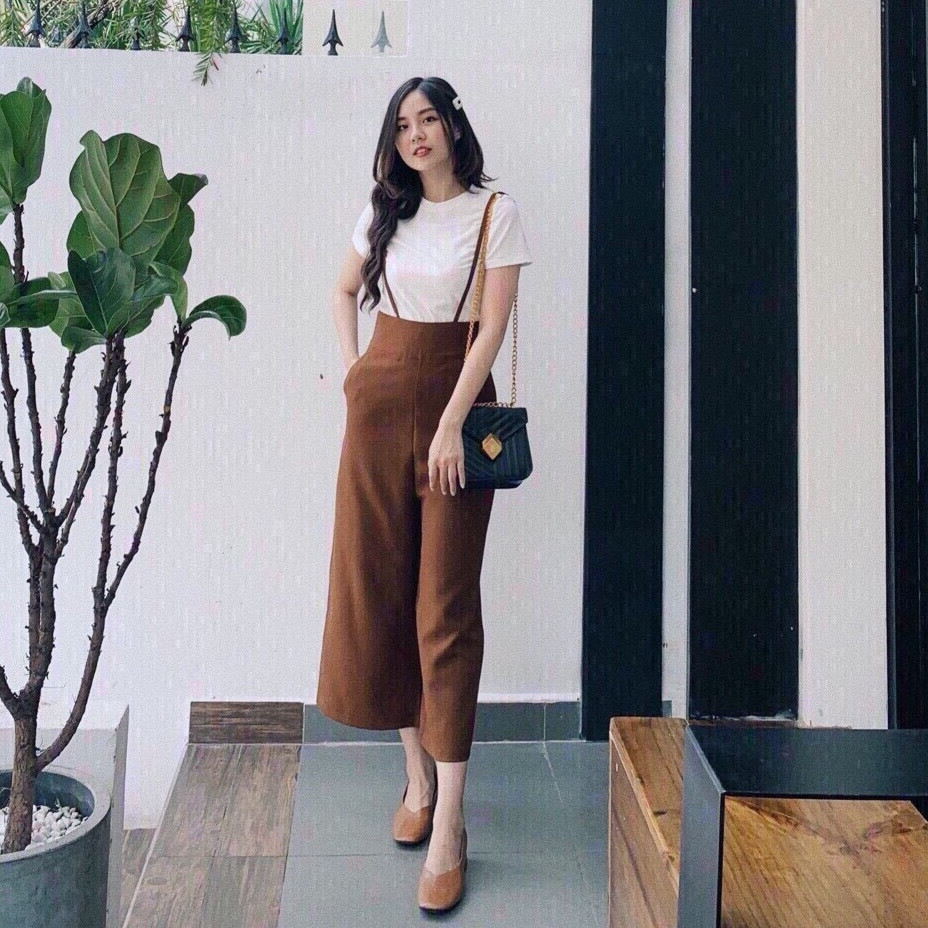 [freeship]SET YẾM NỮ GỒM QUẦN YẾM DÀI ỐNG RỘNG 2 MÀU ĐEN VÀ NÂU CHẤT LIỆU CÁT HÀN ÁO THUN  TRẮNG CHẤT LIỆU DA CÁ THỜI TRANG FORM DƯỚI 55KG