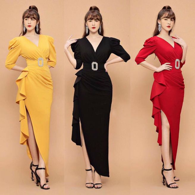 đầm dạ hội tay dài nhúng bèo sườn