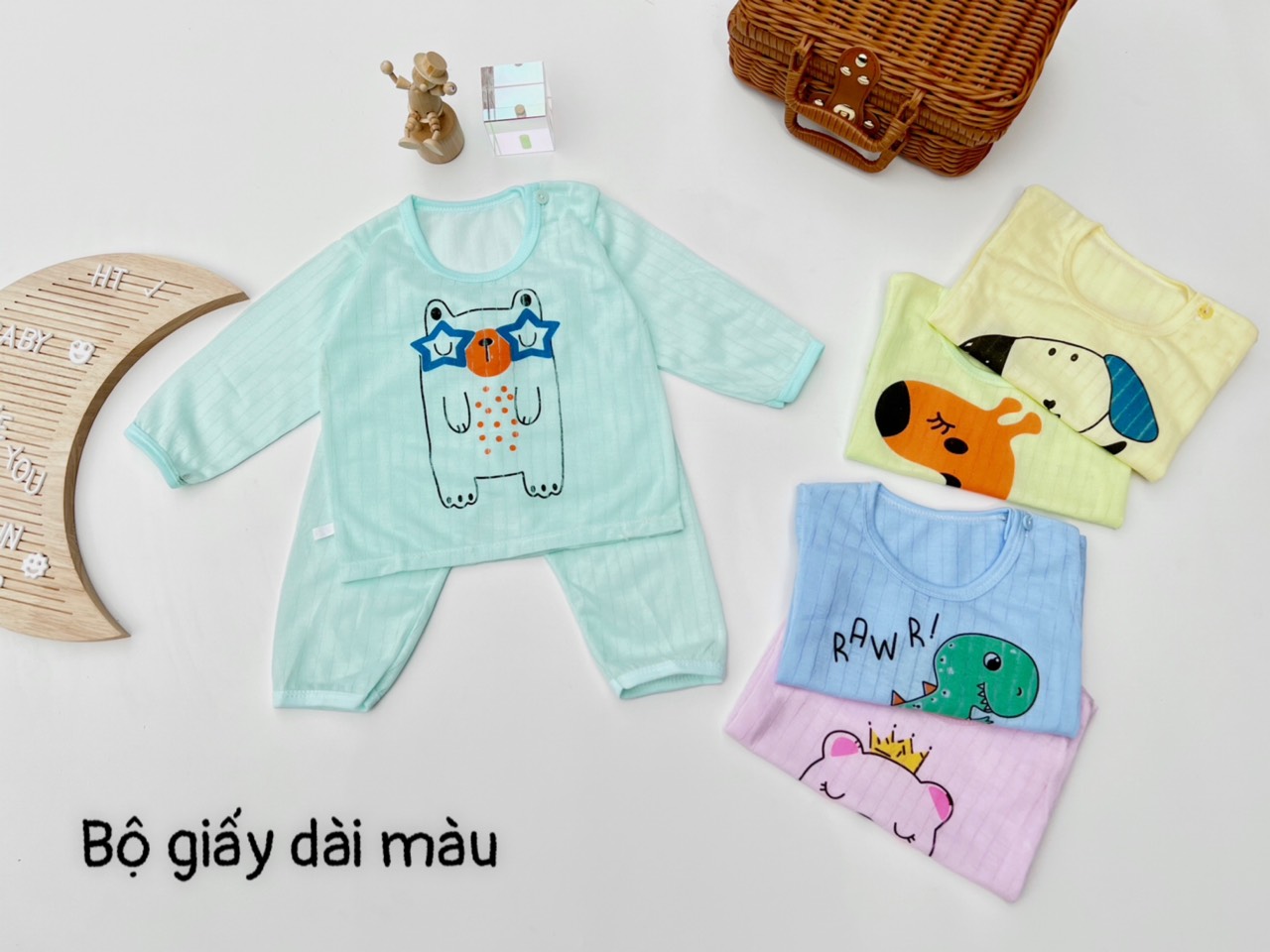 Combo 5 bộ dài tay giấy chất mềm mini- co giãn- quần áo dài tay cho bé