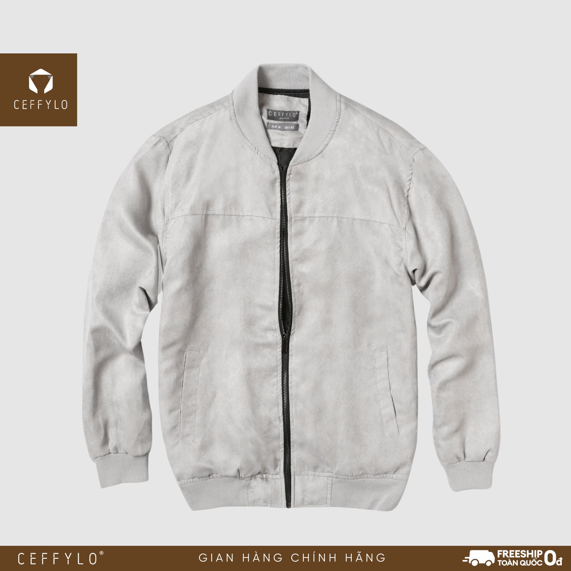 Áo khoác bomber da lộn màu ghi trơn cf, chất liệu da lộn, mềm mịn – ceffylo