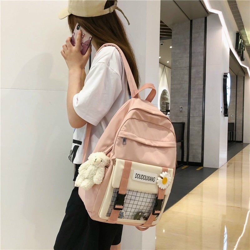 [HCM]Balo Thời Trang Nam Nữ 2 Khoá Doudouxiang Sọc Caro