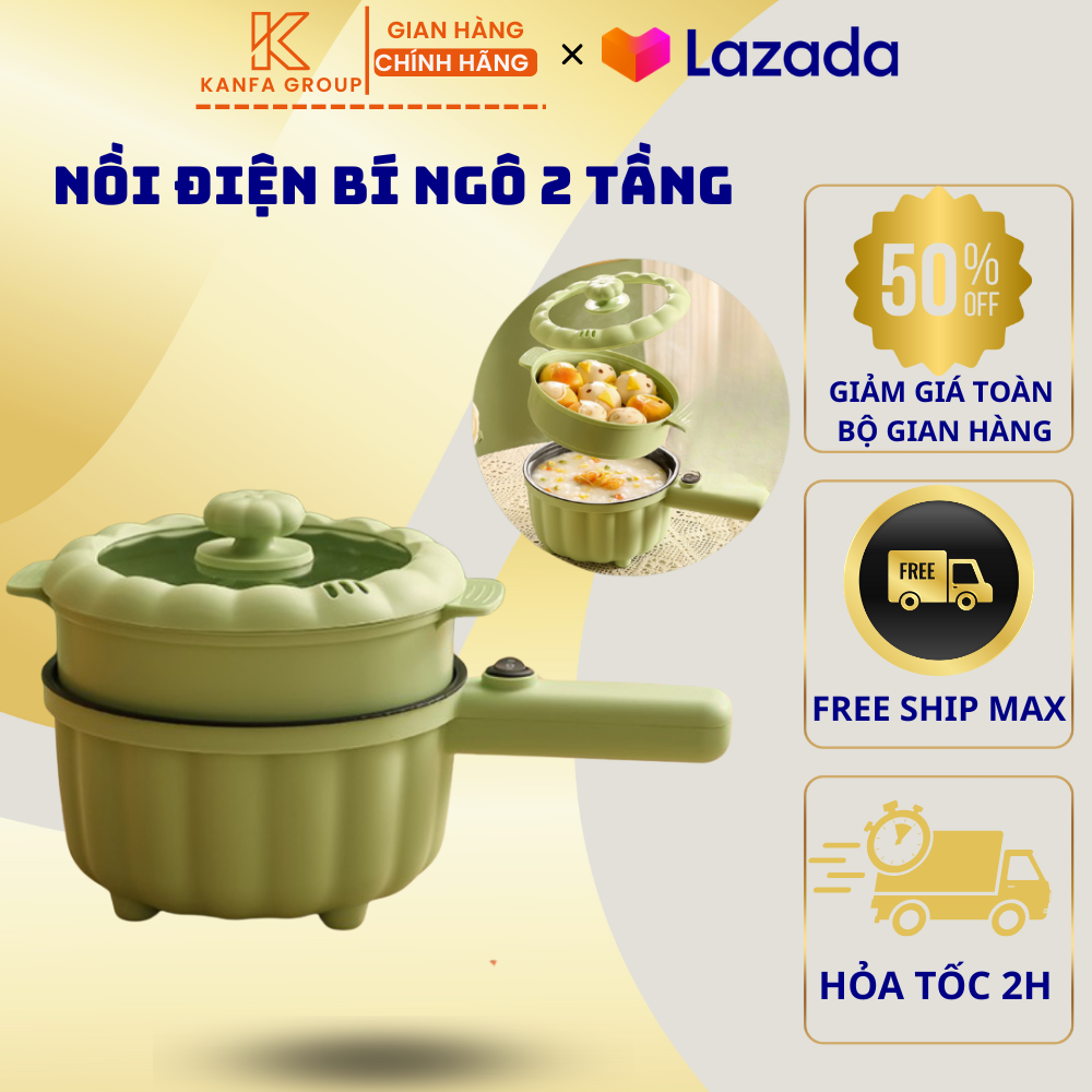 Nồi Lẩu Điện Mini Đa Năng 2 Tầng, Ca Nấu Mì Bí Ngô 2 Nấc Nhiệt Dung Tích 2L Tặng Kèm Vỉ Hấp Có Tay Cầm - Nồi Điện Đa Năng Nấu lẩu, hấp, chiên, xào