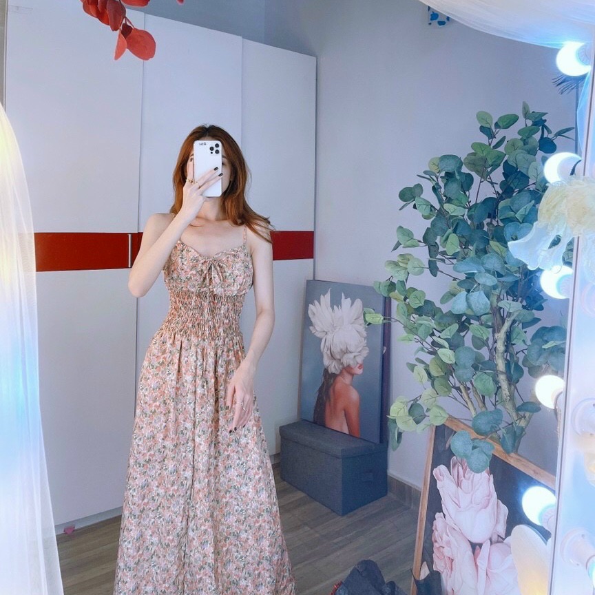 Đầm maxi hai dây cột nơ bo eo hoa nhí siêu dễ thương - hình thật - P&T Shop