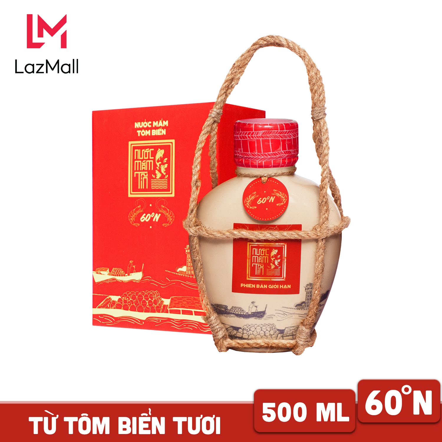 Nước mắm Tĩn Tôm Biển Hồng Ngọc Đại Dương độ đạm 60N bình gốm 500ml hương vị thơm ngọt tôm biển tươi - Thơm Ngon Hảo Hạng Không Chất Bảo Quản