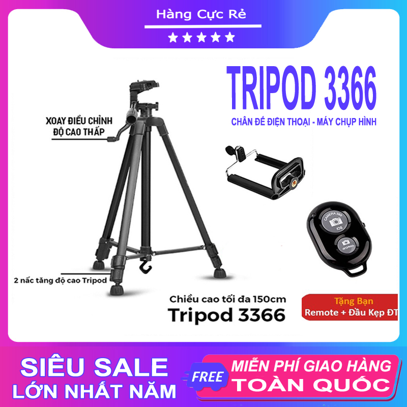 Combo Gậy chụp ảnh cao cấp lên đến 1m5 - Gồm Remote + Tripod 3366 + Kẹp điện thoại - Shop Hàng Cực Rẻ