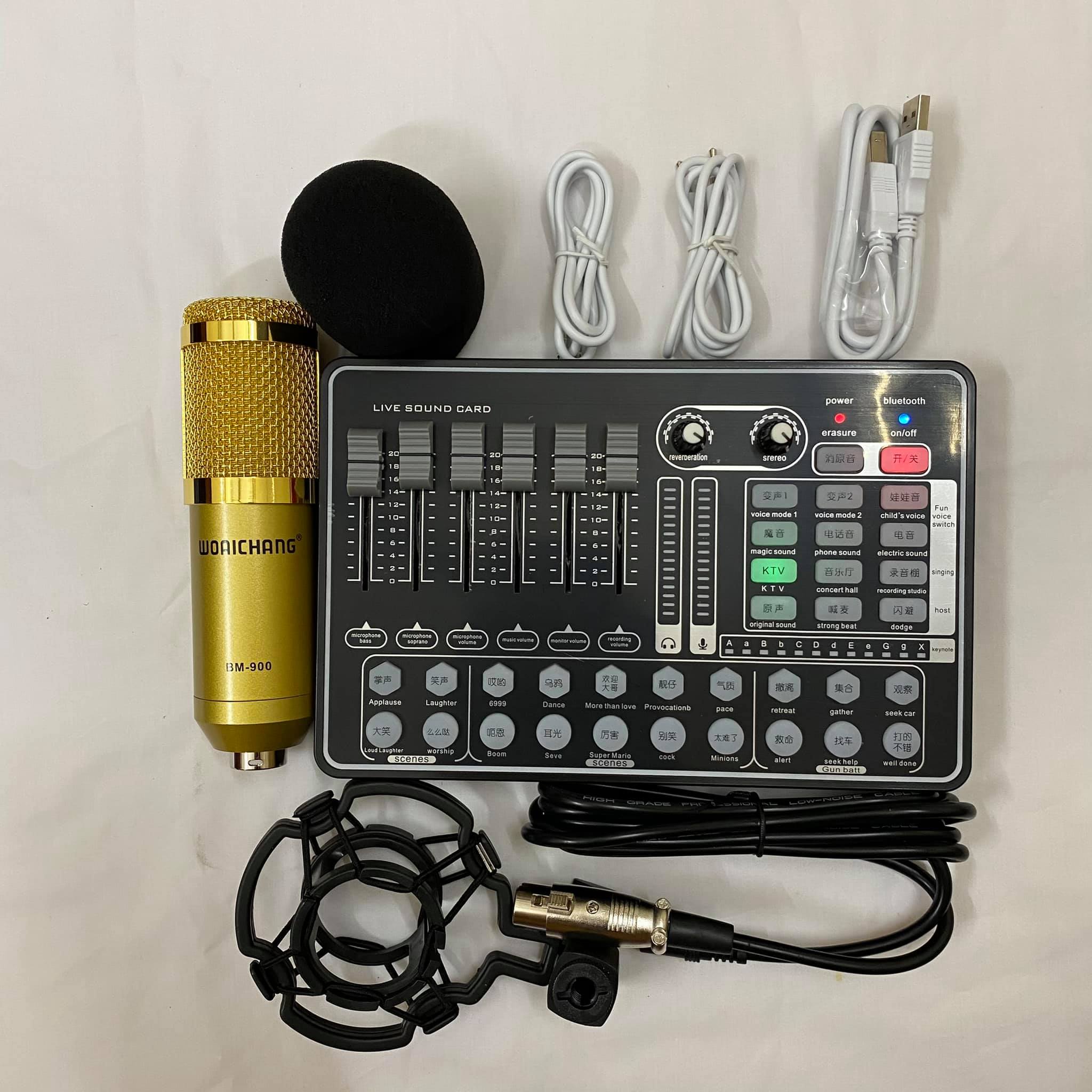 TRỌN BỘ COMBO Sound card H9 Bluetooth Auto Tune Mic Livestream Thu Âm BM900 có