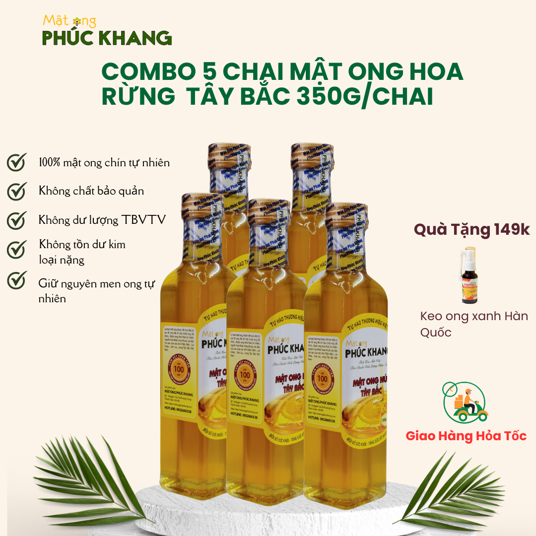 Mật ong rừng Tây Bắc Phúc Khang 350G - Combo 5 chai -  Thu hoạch tự nhiên - Đạt chuẩn xuất khẩu - Không nhiễm hóa chất , Kháng sinh , Kim loại nặng , Chất bảo vệ thực vật - An toàn cho gia đình - Sản phẩm đạt ISO 22000-2018