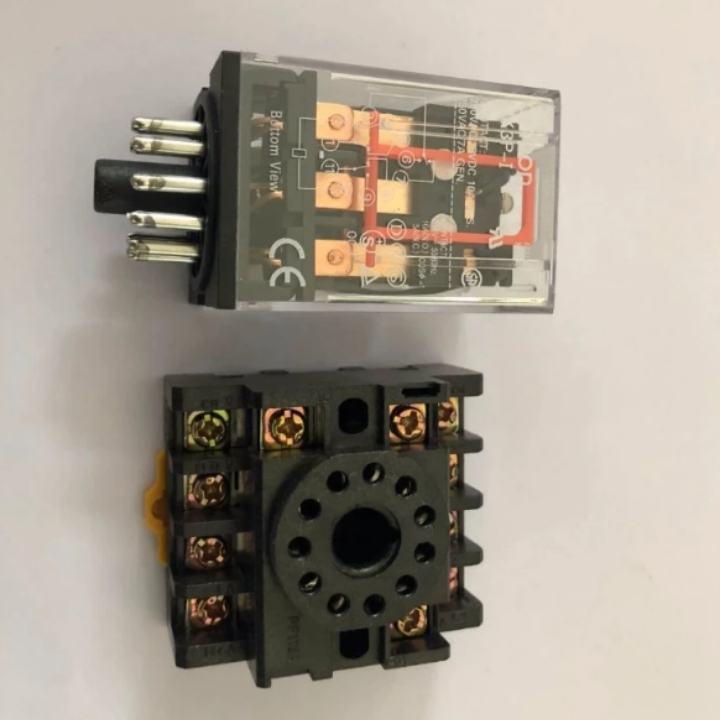Rơ le trung gian mk3p-i relay 11 chân tròn kính trắng trong điện áp 220vac, 24vdc, 12vdc tặng kèm chân đế pf113a