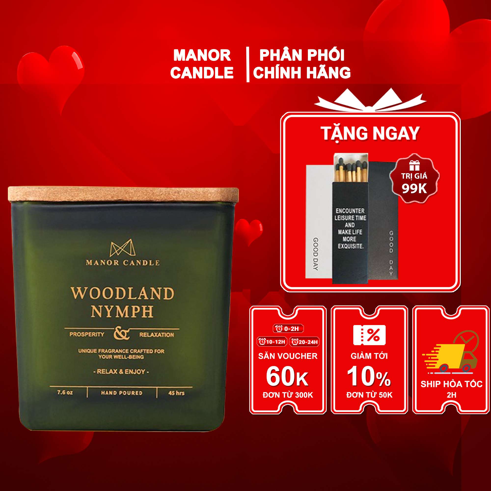 Nến thơm woodland nymph size 7 oz hương thơm nhẹ nhàng yên ở một vùng rừng núi cổ kính, manor candle