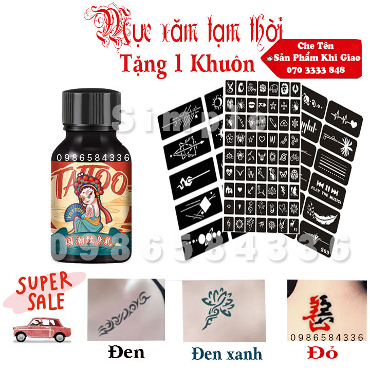 【VIP-LOẠI 1】Mực xăm tạm thời 15 ngày màu Đen - Xanh - Đỏ lên màu ngay(Tặng 1 khuôn khổ A4 nhiều mẫu  kèm Stịker)[HOT]