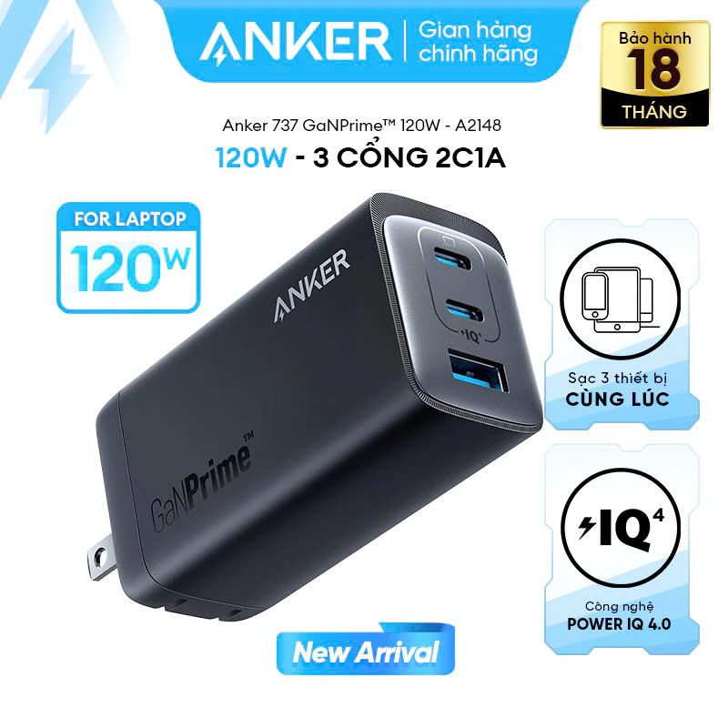[Củ sạc 120W] Sạc Anker 3 cổng 2C1A 737 GaNPrime - Hỗ trợ GaN, PowerIQ - A2148
