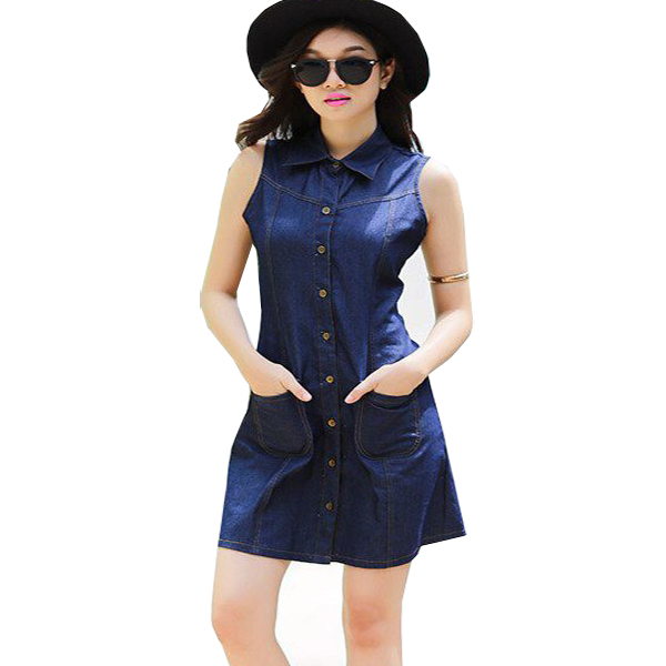 Đầm jean cổ sơ mi phối túi d7930
