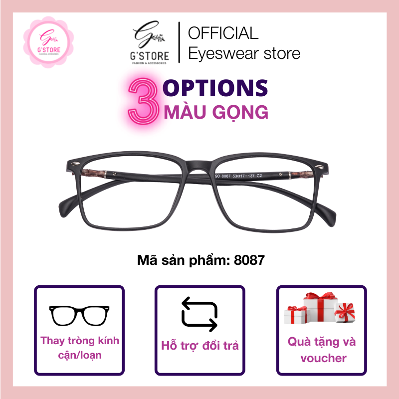 Kính cận gọng nhựa dẻo mắt vuông kính mắt thời trang gọng dẻo lắp được cận 8087