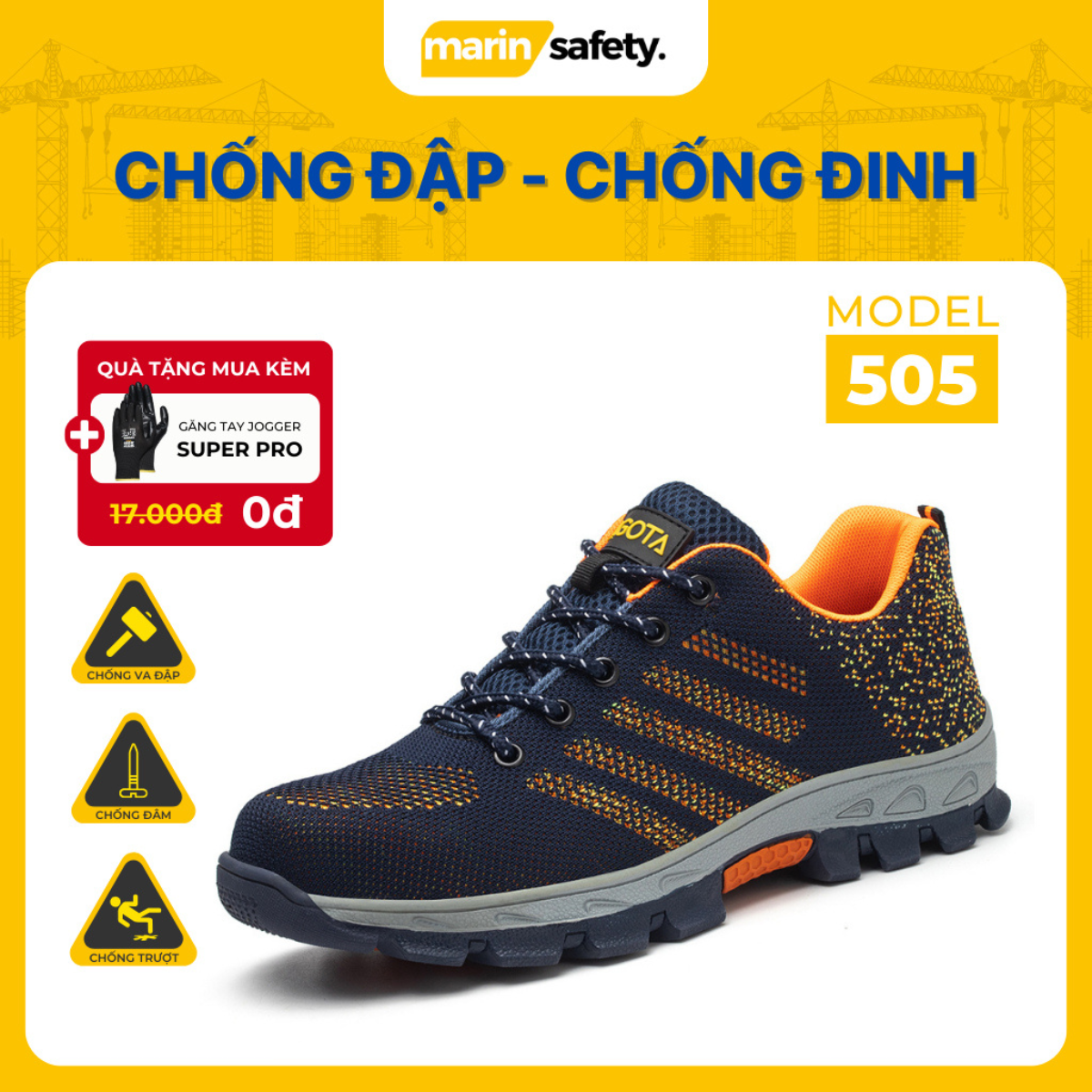 Giày bảo hộ lao động AGOTA A505 siêu bền màu cam, có mũi thép chống va đập, đế lót thép chống đâm xuyên