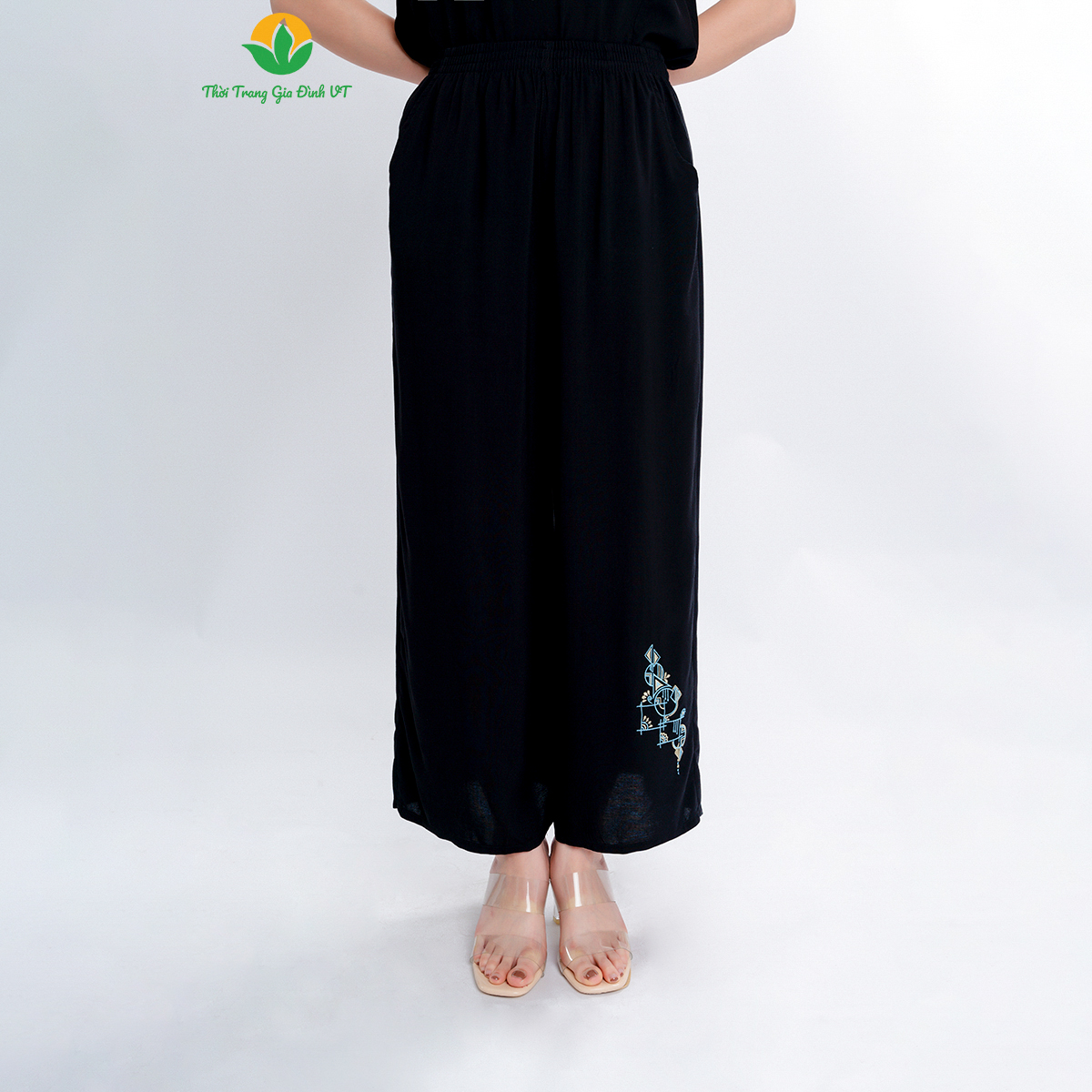Quần dài lanh nữ trung niên thêu họa tiết , quần ống suông rộng thời trang Việt Thắng - Q06.2403