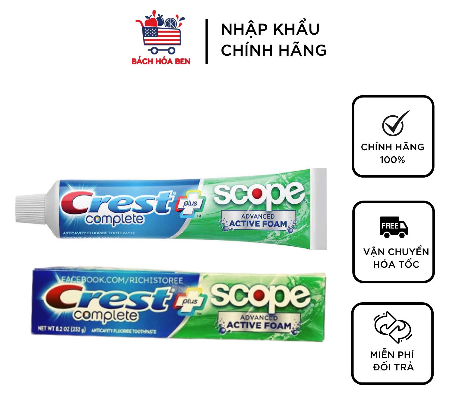 Kem Đánh Răng Crest Complete Extra Whitening Plus Scope