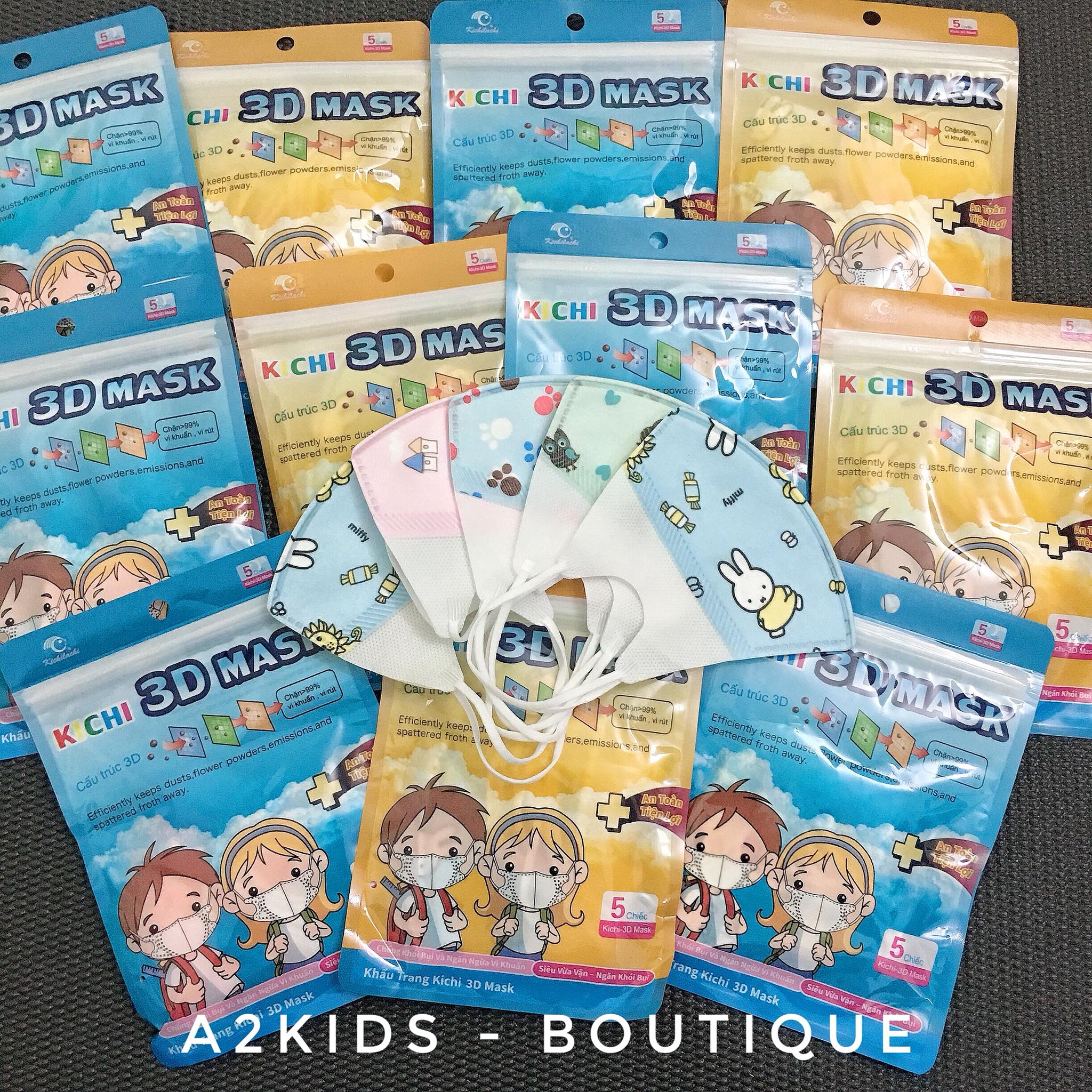 [HCM][Cho bé từ 4 - 12 tuổi] Set 5 cái khẩu trang cao cấp hoạ tiết dễ thương Kichi 3D Mask kháng khuẩn an toàn cho bé