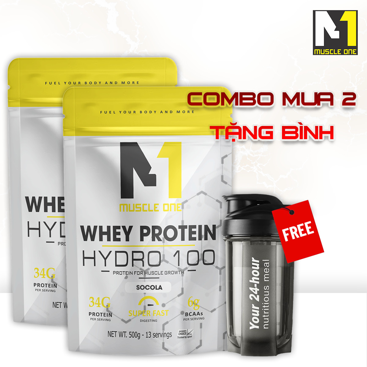   COMBO 2túi + Tặng Bình  Sữa Tăng Cơ Whey Protein Hydro 100 Muscle One Túi 500g- Hấp Thụ Nhanh Cao Cấp - Chính Hãng  Freeship  