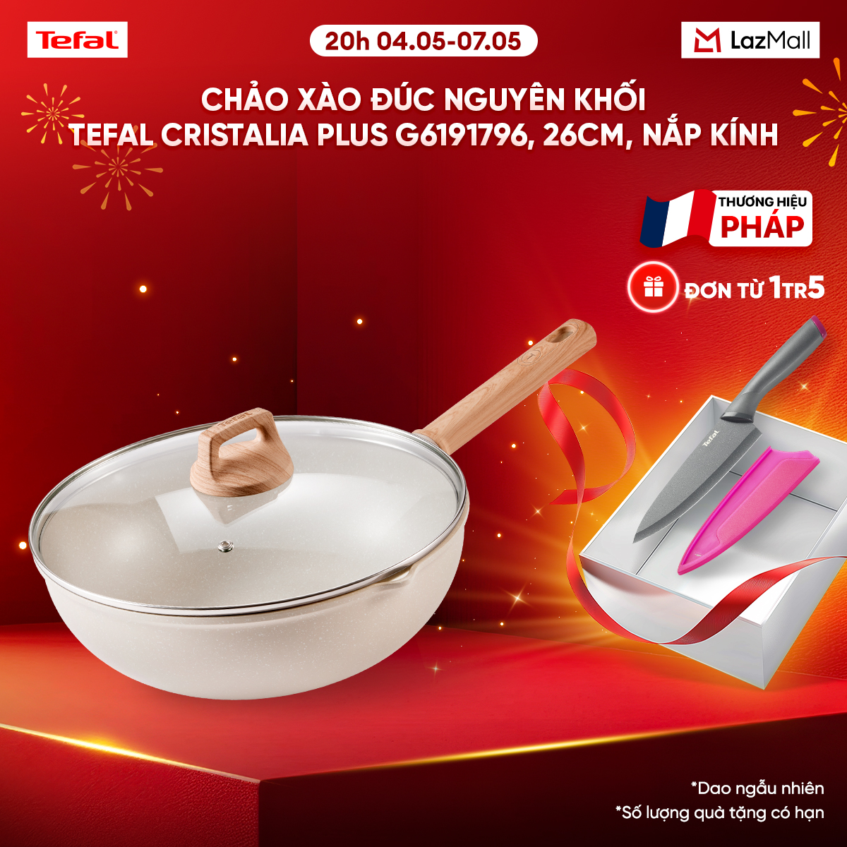 Chảo xào đúc nguyên khối Tefal Cristalia Plus G6191796, 26cm, nắp kính