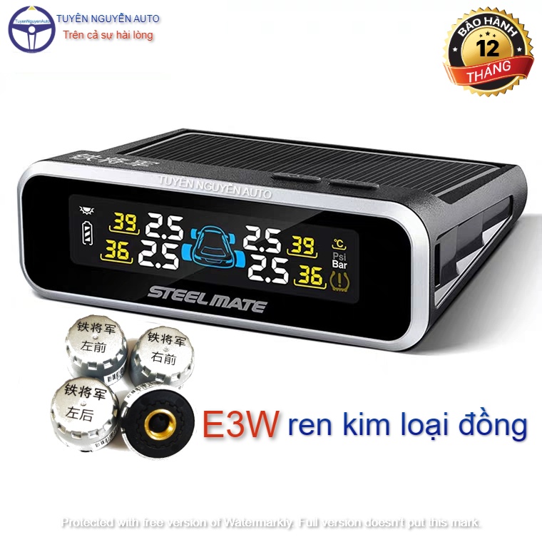 Cảm biến áp suất lốp Steelmate E3W van ngoài dùng pin năng lượng mặt trời mẫu mới 2021 ren kim loại đồng dễ dàng sử dụng