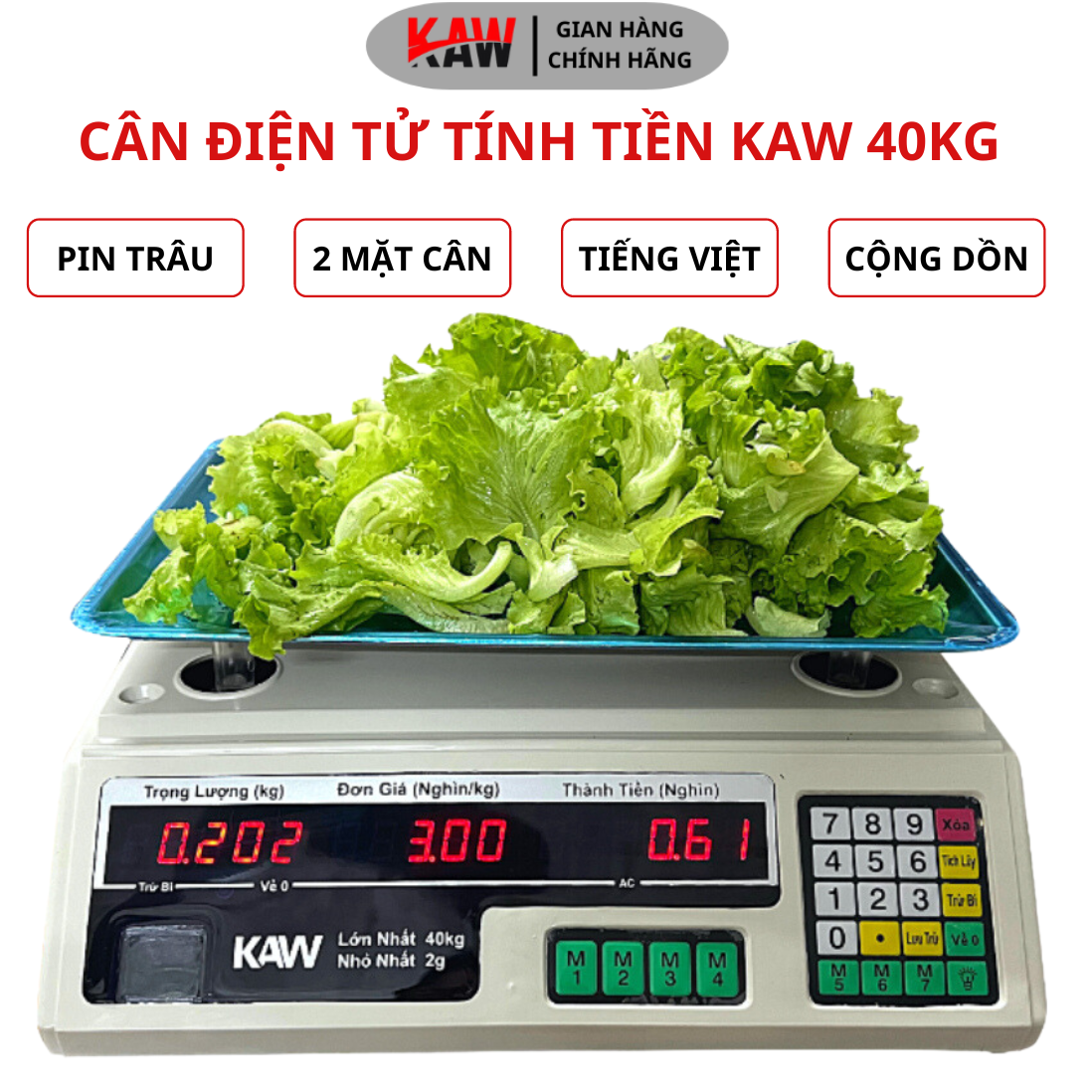 Cân tính tiền, Cân Điện Tử Tính Tiền 2 Mặt Hiển Thị KAW 40Kg , Dễ Dàng Sử Dụng, Tính Tiền Chính Xác