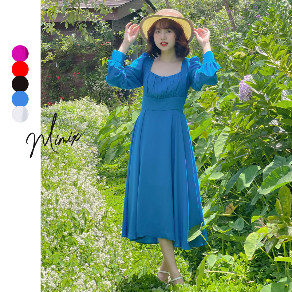 Đầm nữ trơn tay dài bồng nhún ngực thắt eo mimix bg6195