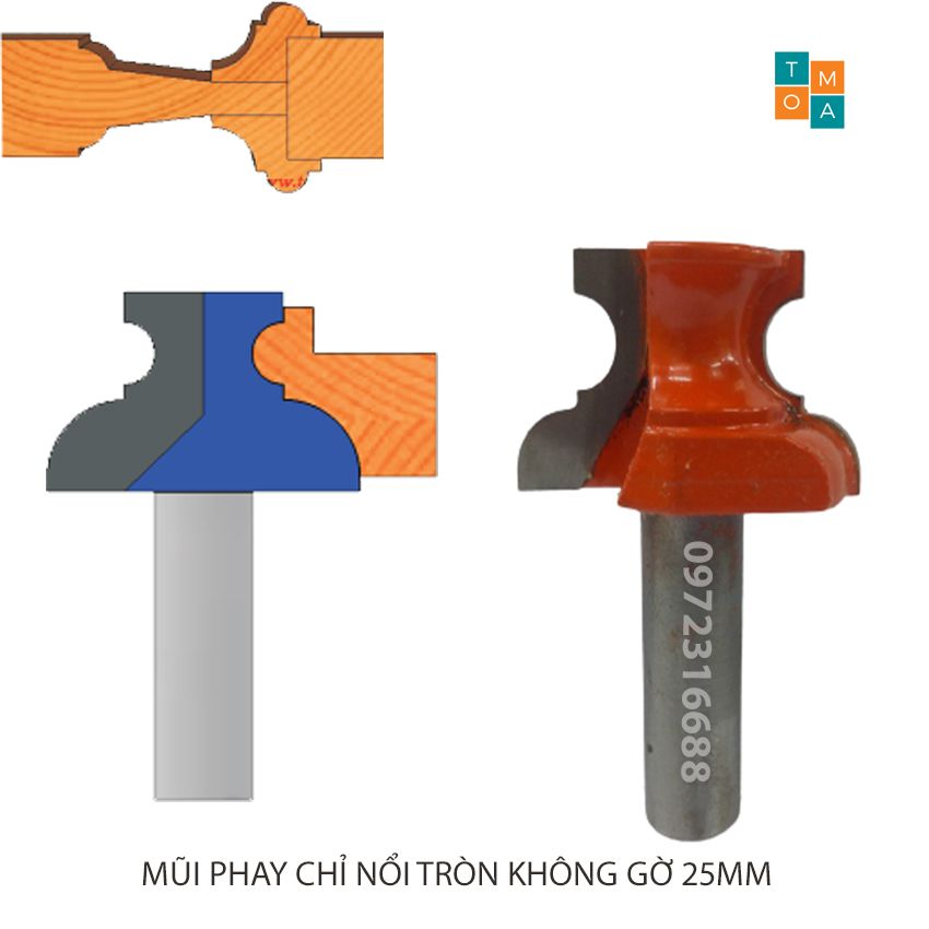 Mũi soi gỗ - mũi phay gỗ đánh chỉ nổi tròn không gờ 25mm cốt 12.7mm - hàng việt nam chất lượng cao