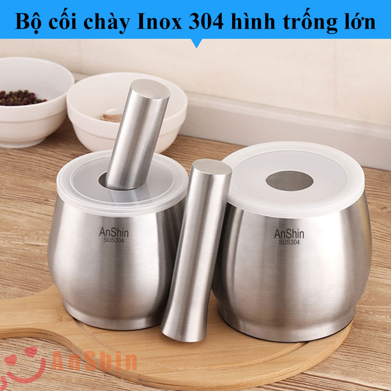 Bộ cối chày Inox 304 Anshin - size lớn hình trống - bảo hành trọn đời không han gỉ