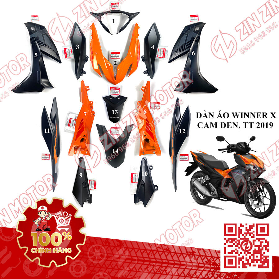 Dàn áo Winner X V2 2019 Đen Cam, RS150X, RS150 V3 Chính Hãng Honda - ZINZINMOTOR