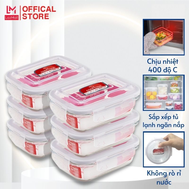 Bộ 6 hộp thủy tinh đựng cơm thực phẩm trữ thức ăn chịu nhiệt COBACOOK hình chữ nhật 370ML - CCL36