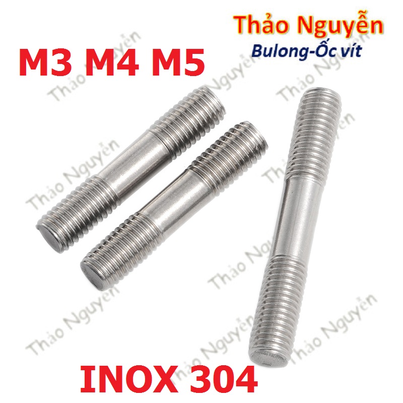 Bulong 2 đầu ren, guzong inox 304 m3 m4 m5 inox 304